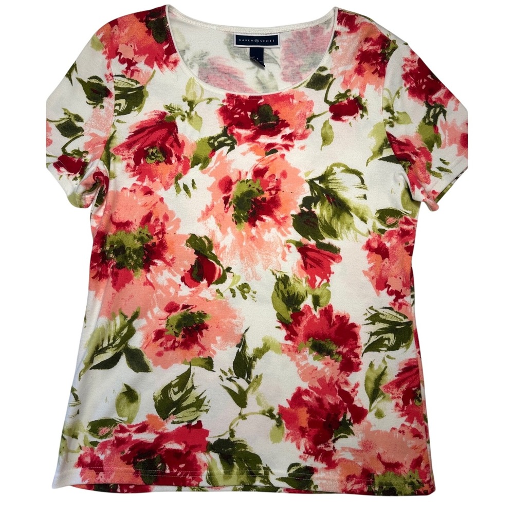 Karen Scott Womens Floral Scoop Neck Short‎ Sleeve T-Shirt Red Pink Green Size M
